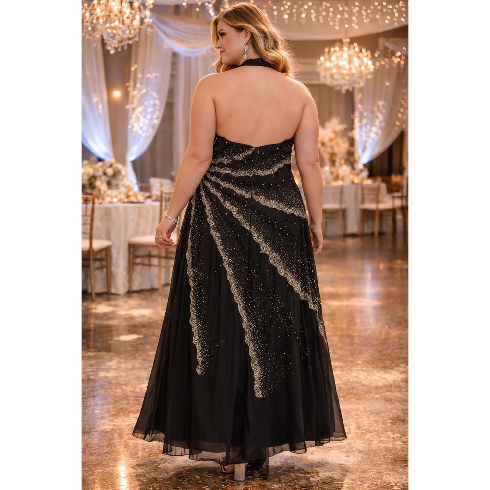 Prom Whimsigoth Y2K Black Halter Silver Sunburst 90s Beads Sequin 20 Long Dress - Picture 2 of 16
